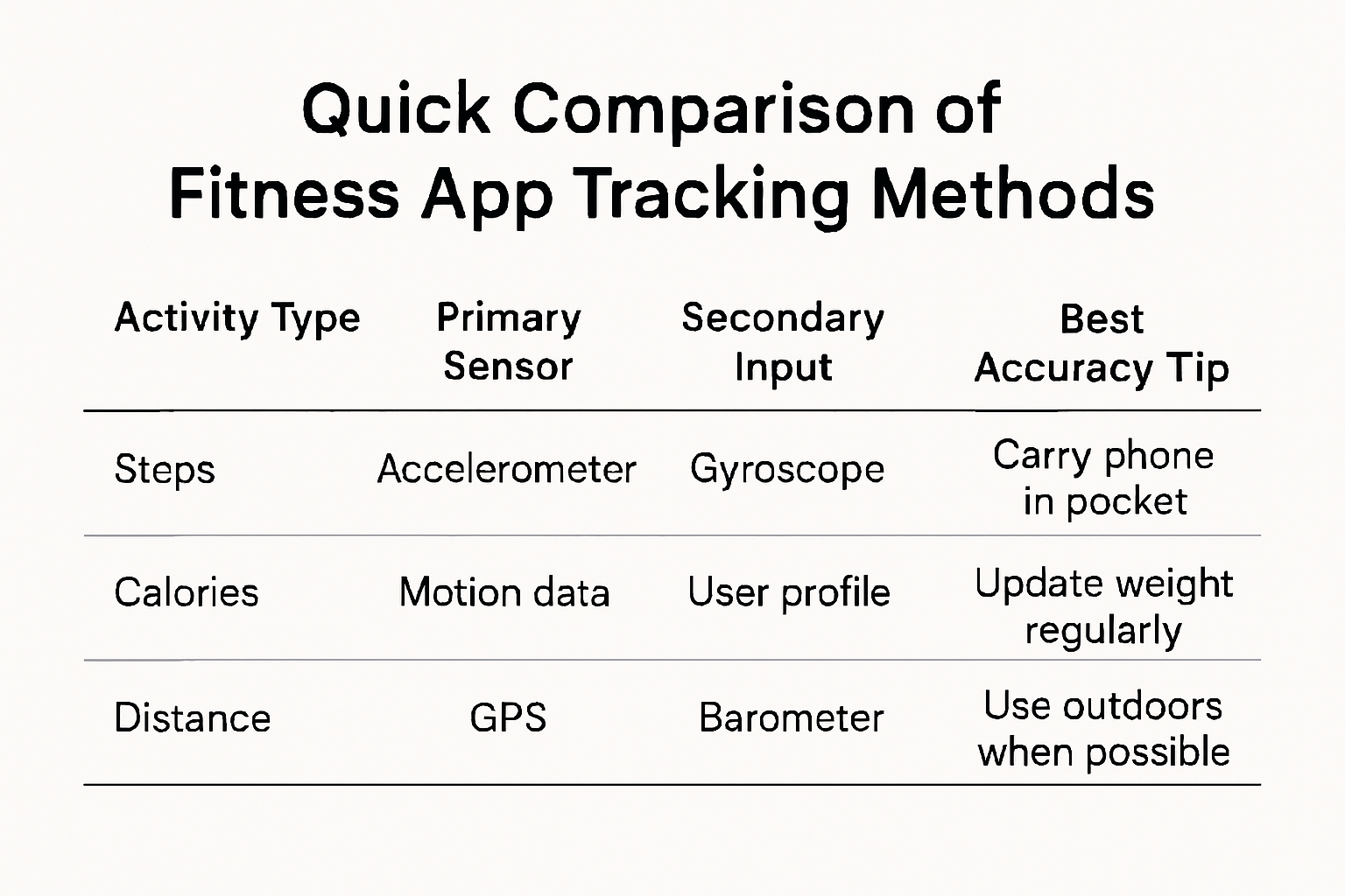 Infographic table comparing fitness app tracking methods: Steps use accelerometer and gyroscope, best tip to carry phone in pocket; Calories use motion data and user profile, tip to update weight; Distance uses GPS and barometer, tip to use outdoors.