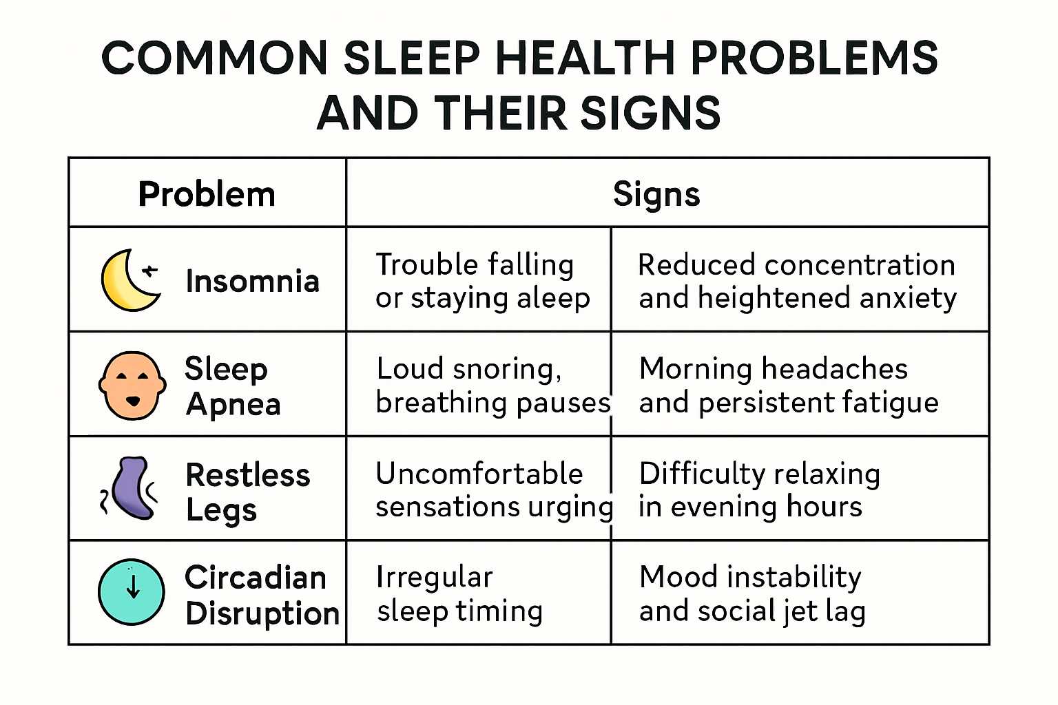 Comparison table infographic showing four common sleep health problems, their typical signs, and daily ripple effects.